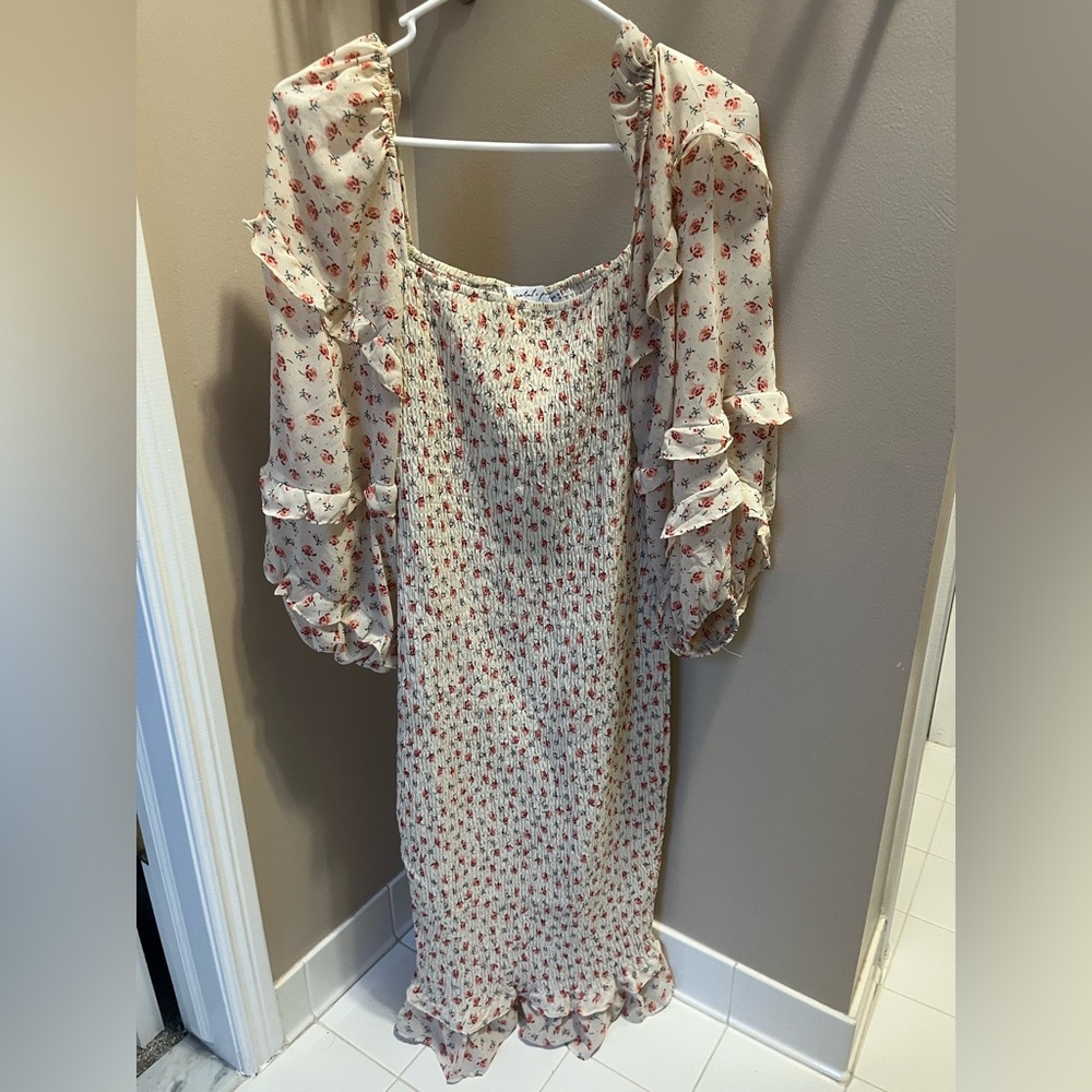 Petal + Pup Leia Beige Smocked Midi Bodycon Dress 10 (bump friendly)
